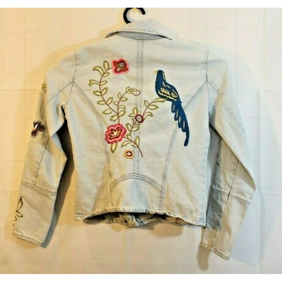 Candies Denim Jacket Floral Blue Bird Embroidered Asymmetric Zip Jean Womens S - Picture 4 of 7